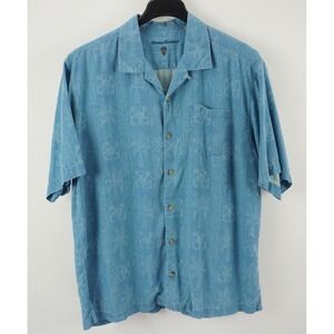 Tommy Bahama Men's XL Short Sleeve Blue Jacquard Floral Silk Loop Collar Shirt